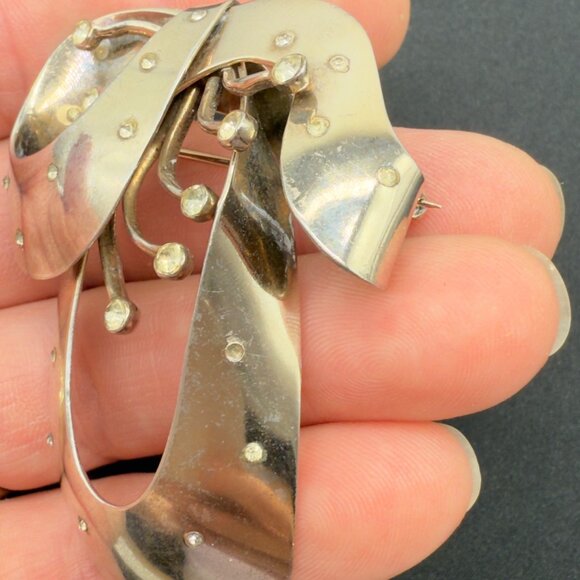 Vtg Sterling Silver Castlecliff Statement Bow Ribbon Brooch Pin Rhinestone NOTE - Picture 10 of 12